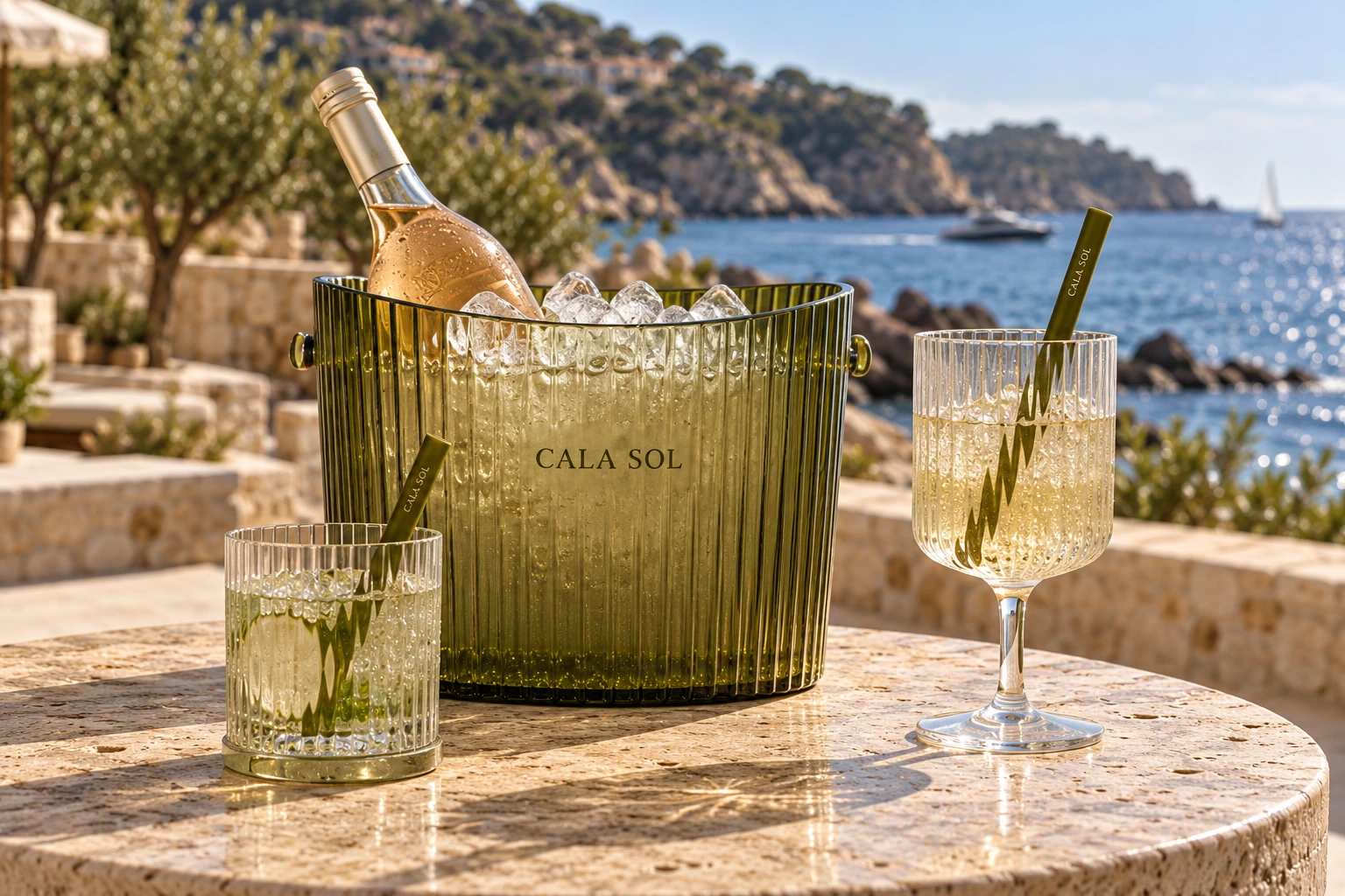 Concept for ribbed reusable plastic drinkware and olive ice buckets