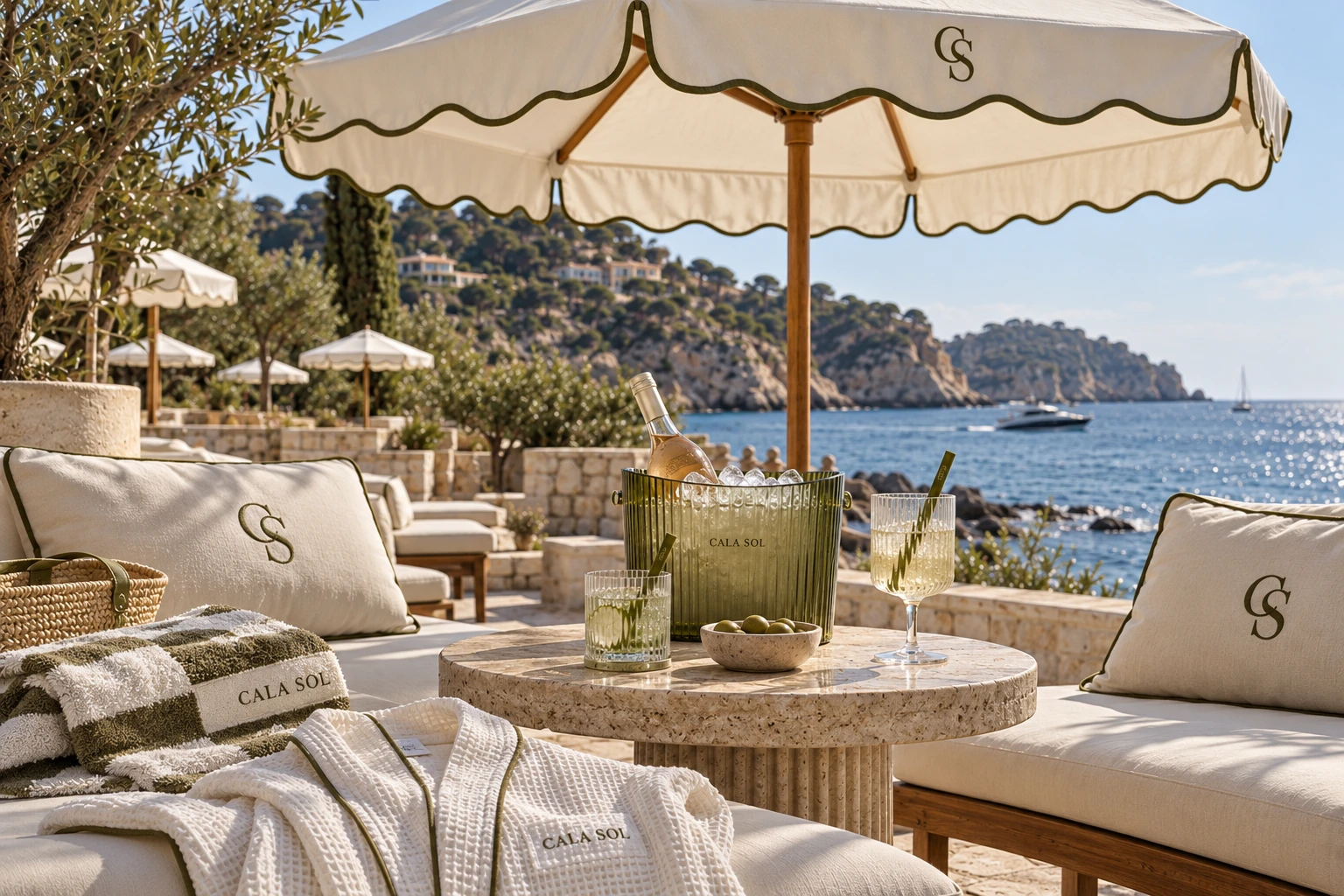Cala Sol branded beach umbrellas, drinkware, ice bucket and textiles