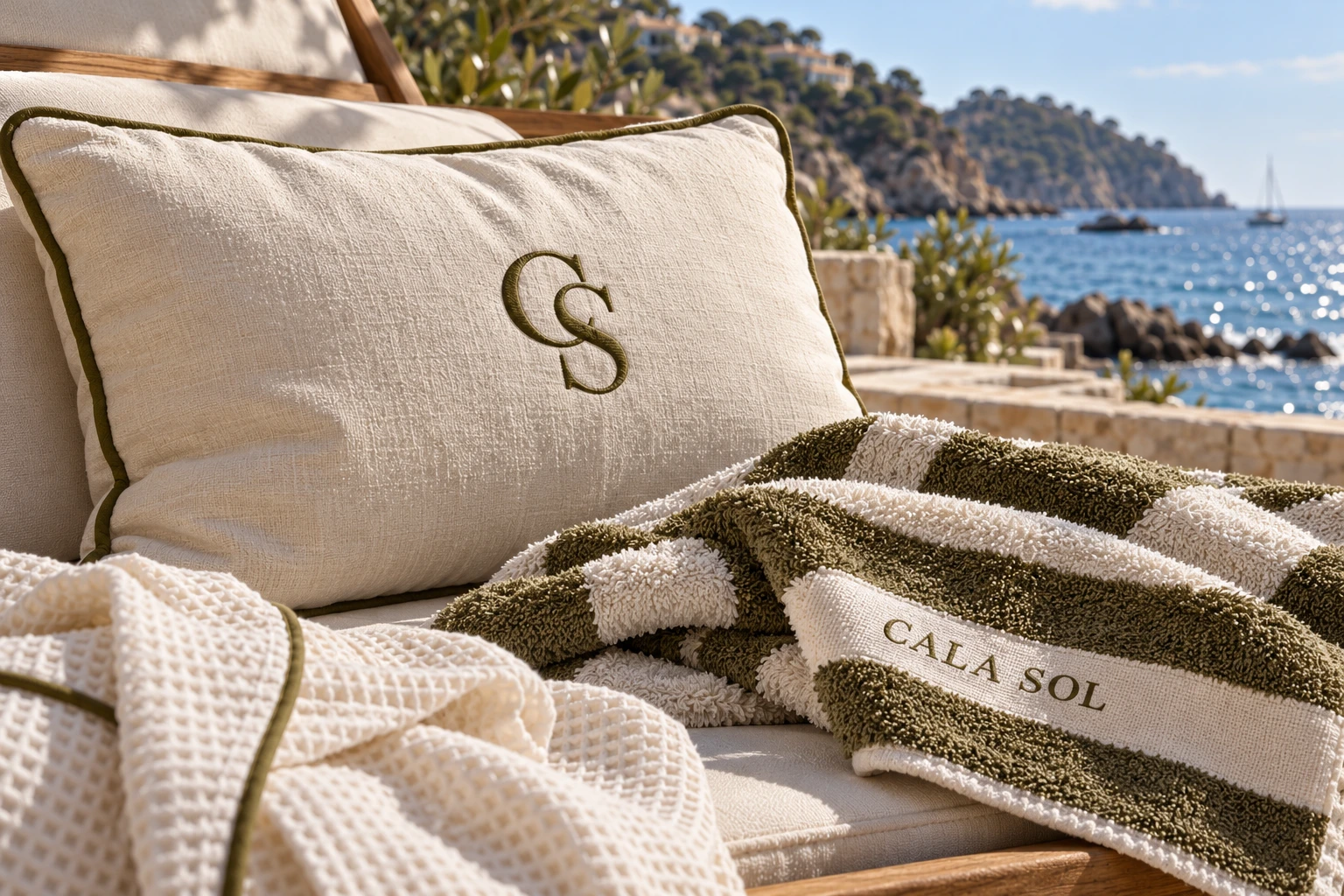 Cala Sol embroidered cushions, towels and waffle robes