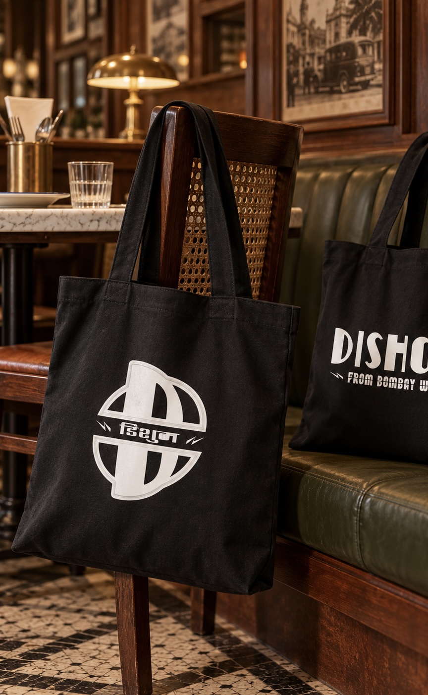 Black Dishoom canvas bags with contrasting white branding
