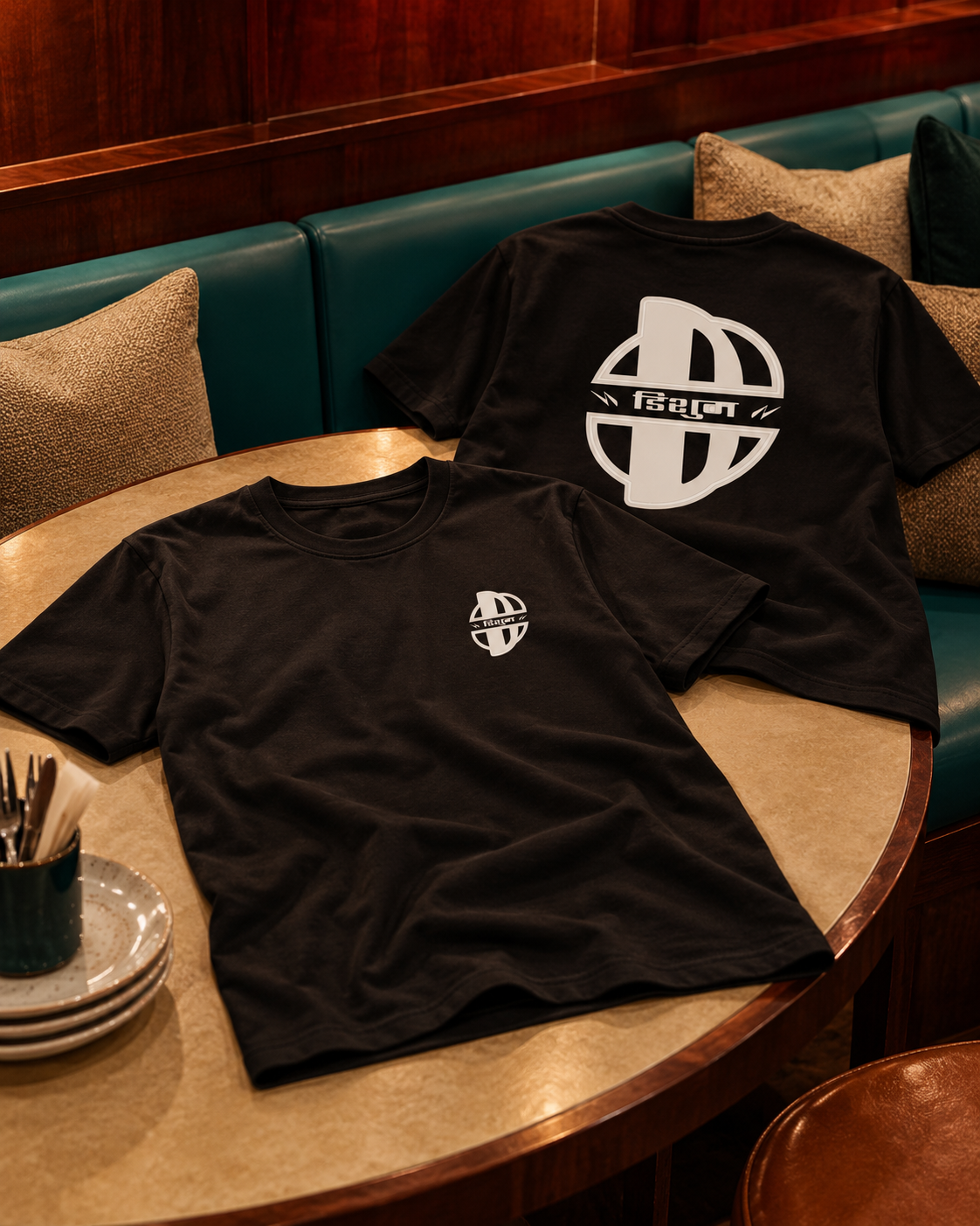 Black organic cotton T-shirts showing the small front emblem and large back artwork