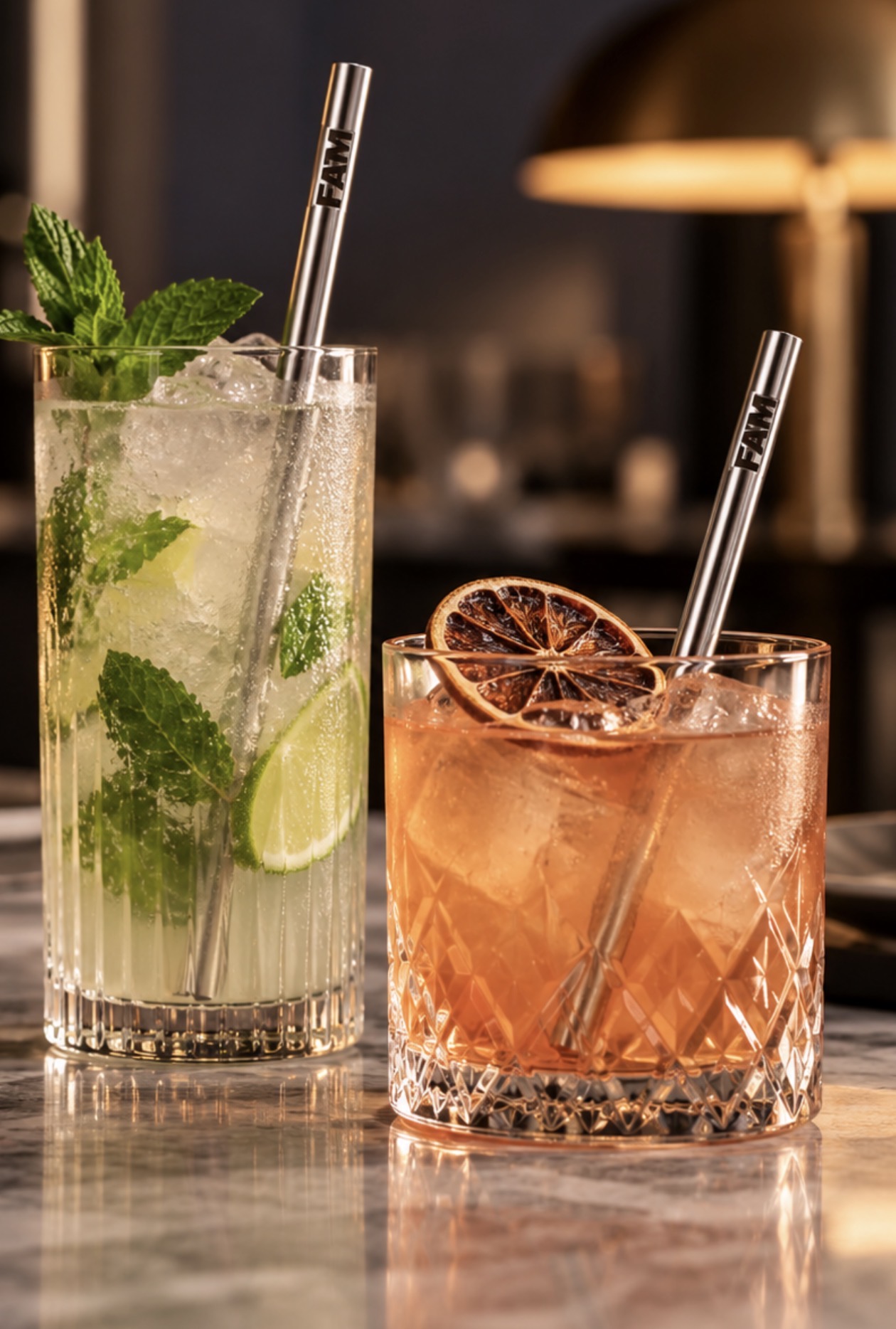 FAM branded straws in cocktails