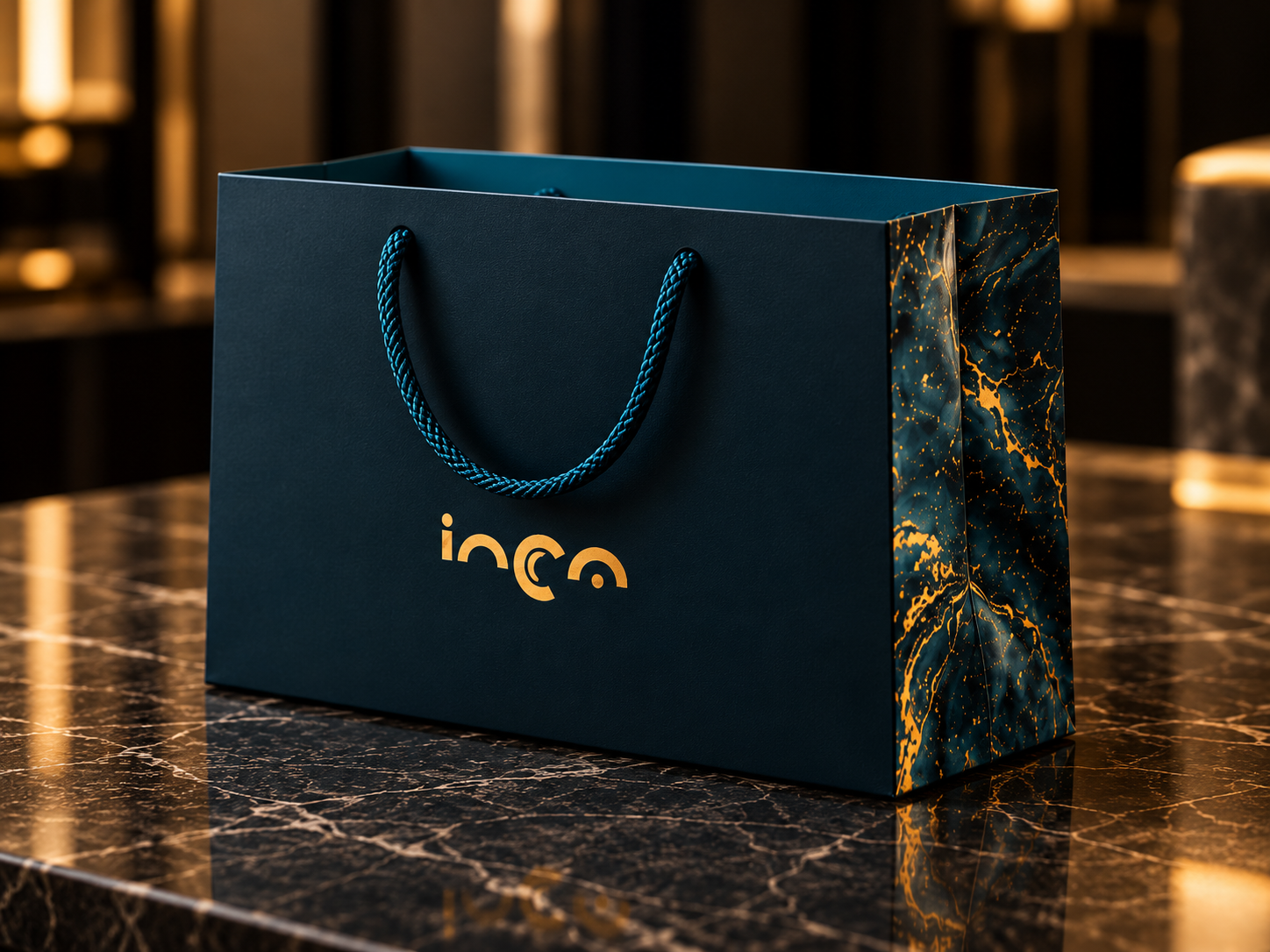 Inca London luxury takeaway bag in teal and gold