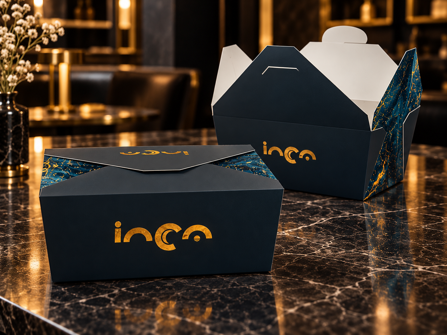 Matching Inca takeaway boxes shown open and closed with teal and gold detailing