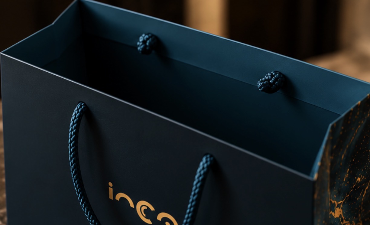Inca packaging detail showing rope handles, matte surfaces and gold branding