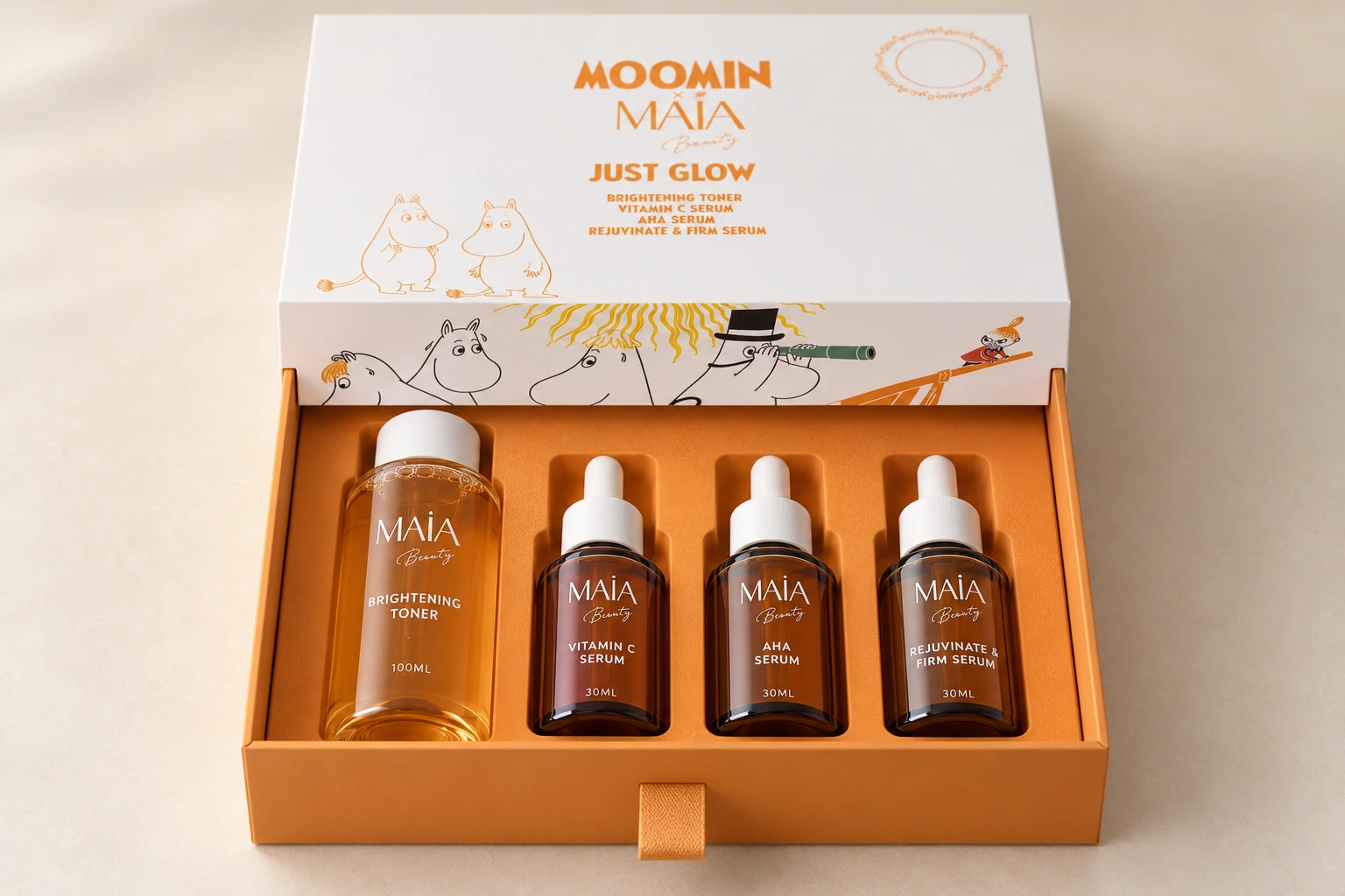 Just Glow: open rectangular drawer box with beauty products, product visualisation