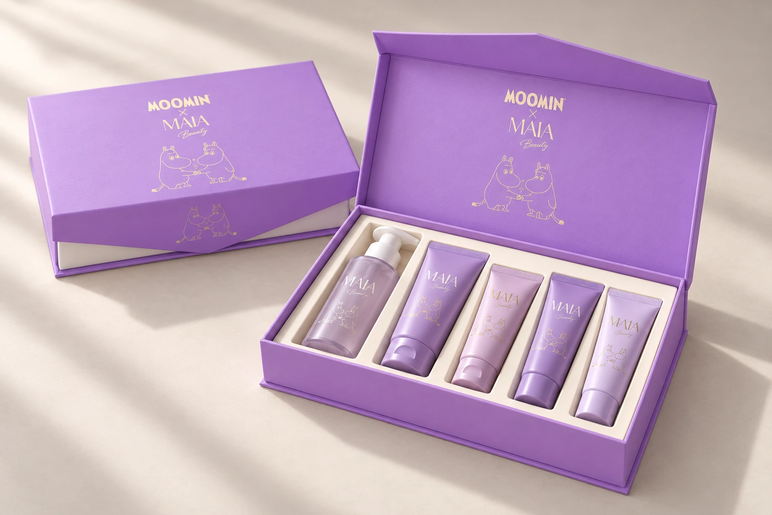 Night Care: open envelope-flap box with beauty products, product visualisation