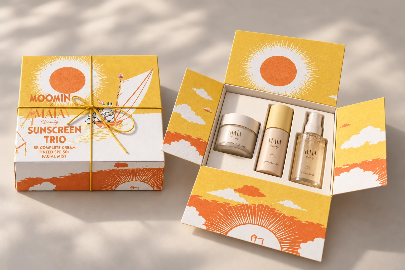Moomin and MAIA Beauty gift packaging with beauty products inside