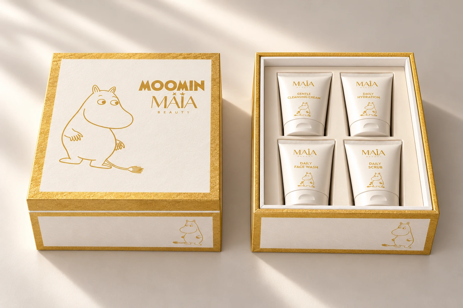 Pamper Set: open square shoulder box with beauty products, product visualisation