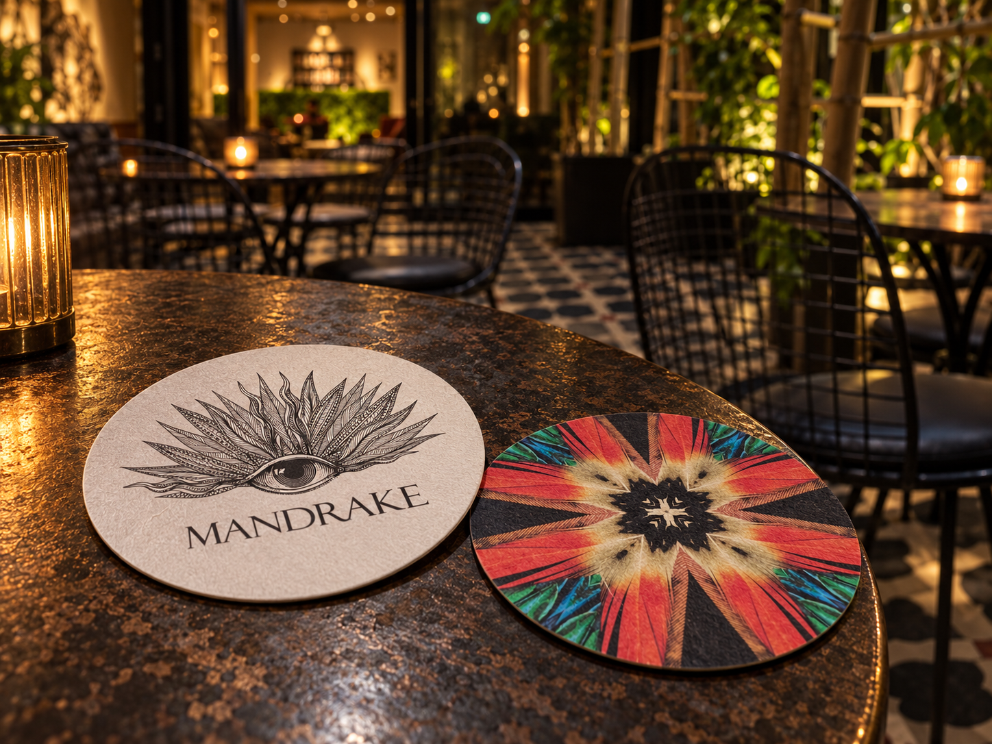 Mandrake London branded paper coasters