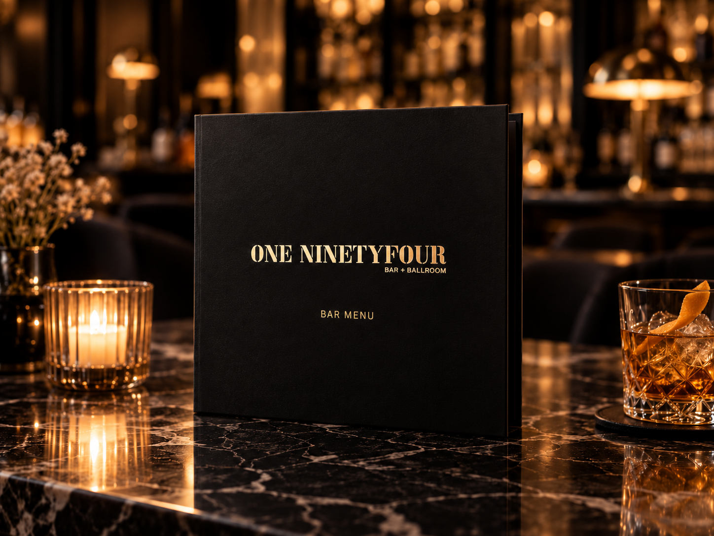 One NinetyFour black and gold cocktail menu