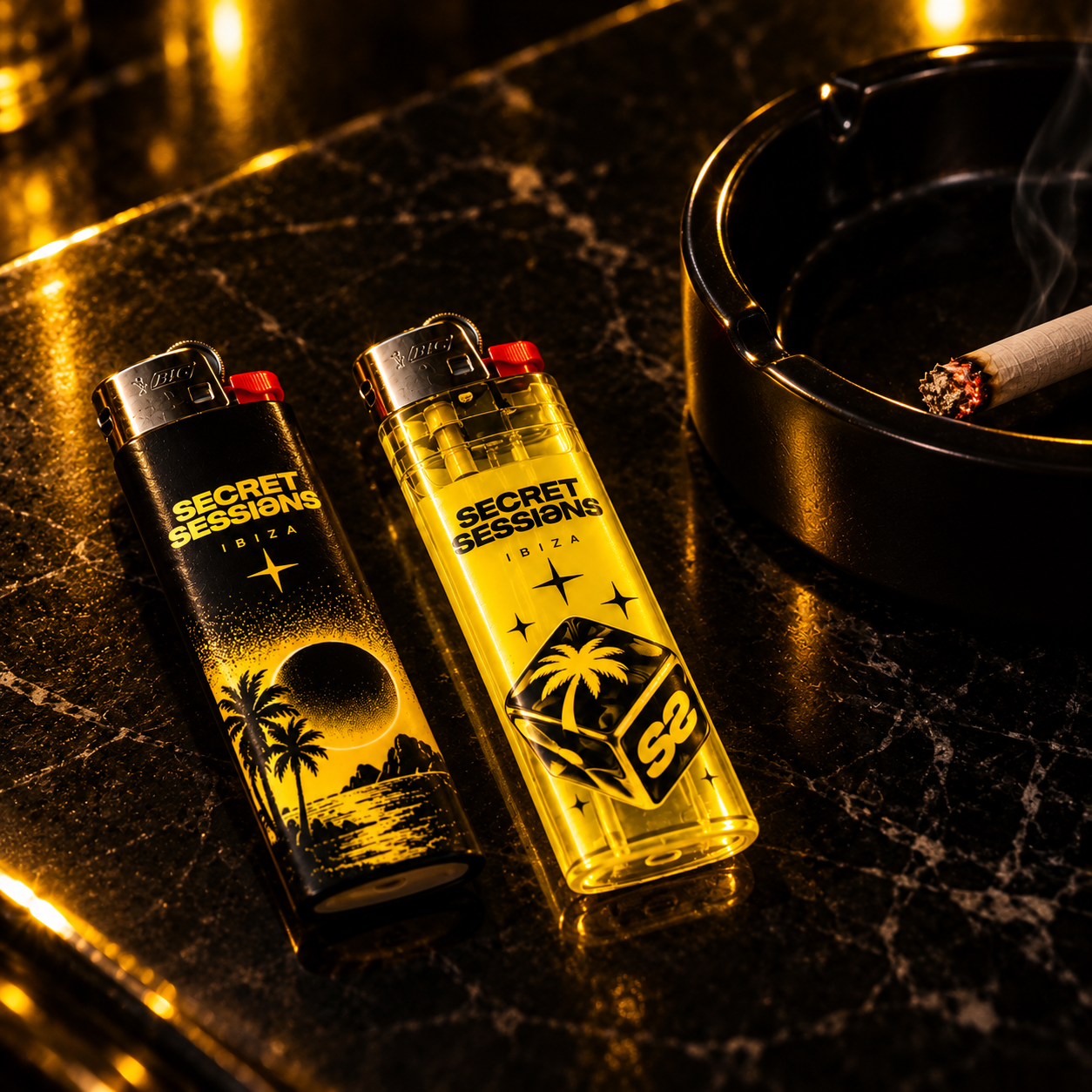Black and transparent yellow Secret Sessions branded lighters