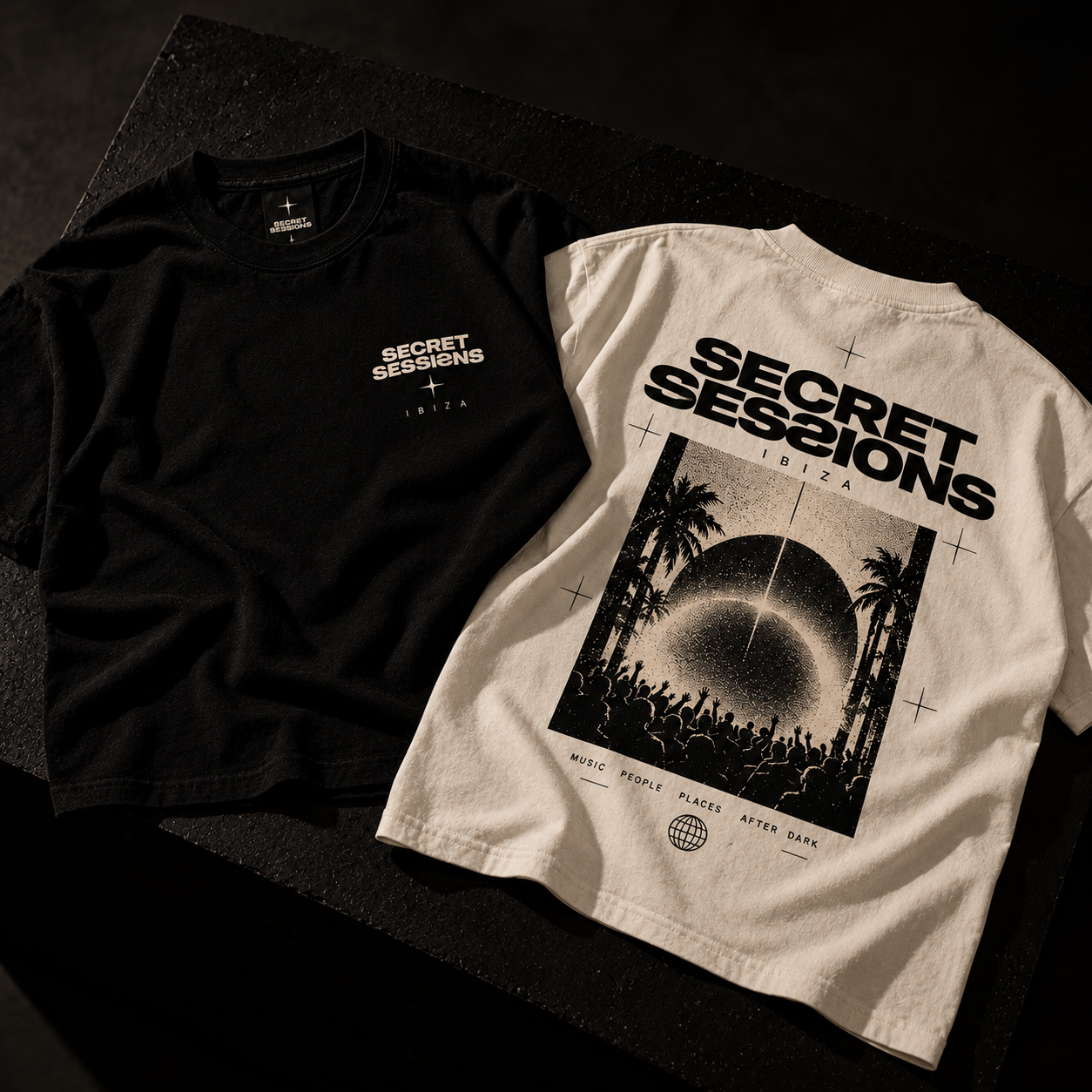 Original black and off-white Secret Sessions T-shirts showing front and back artwork