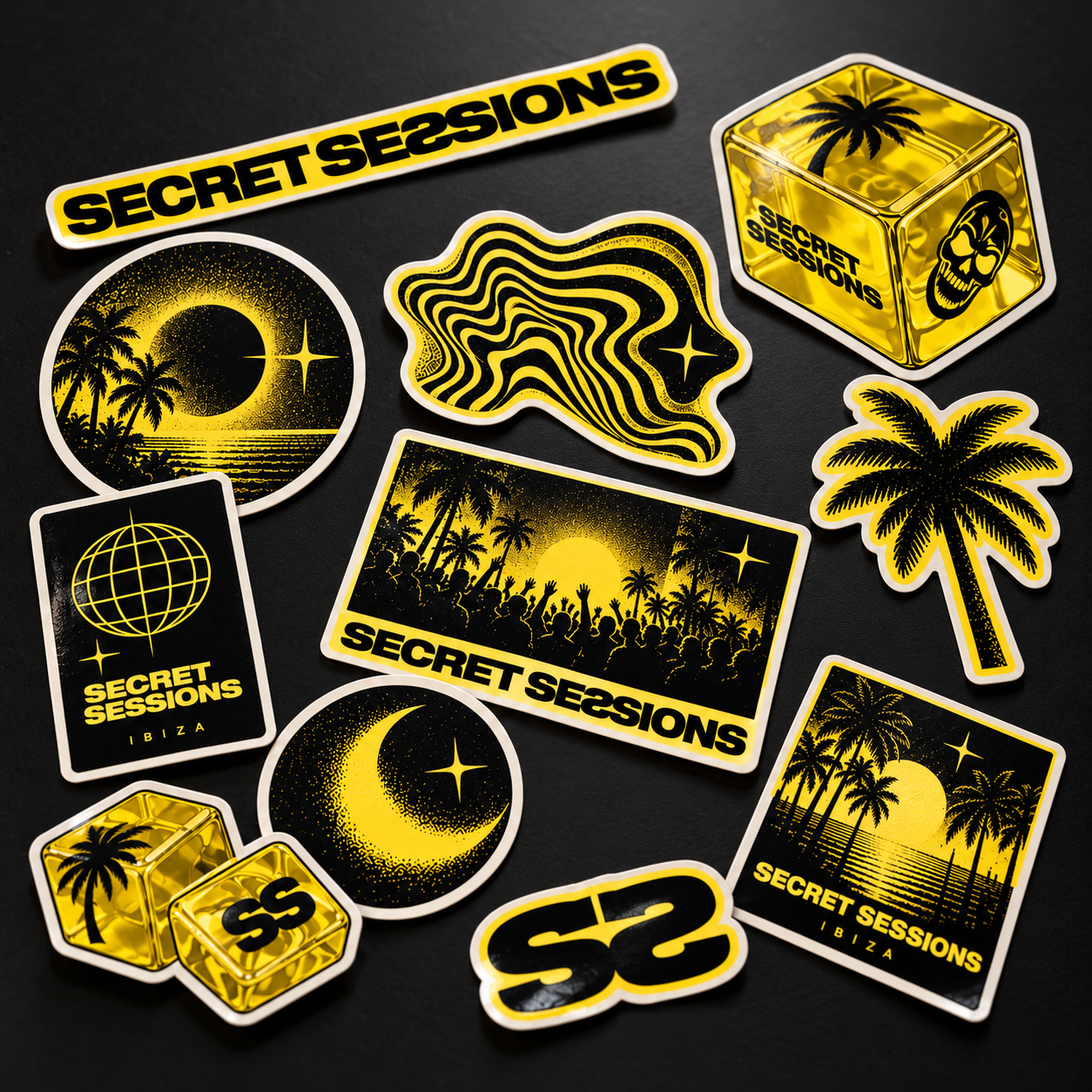 Secret Sessions die-cut stickers in their original shapes and artwork