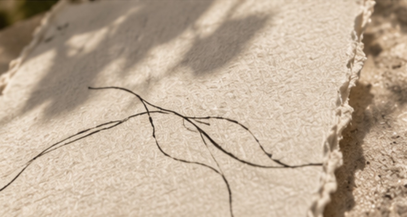Close-up of handmade paper, deckled edges and fine botanical print